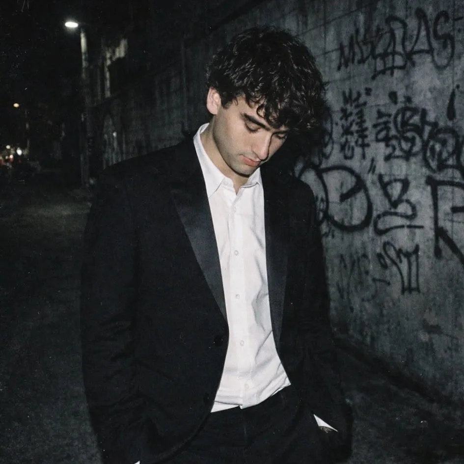 Cort Phoenix at night in a black suit and white open-collared shirt, hands in his pockets, beside a graffiti-covered wall.