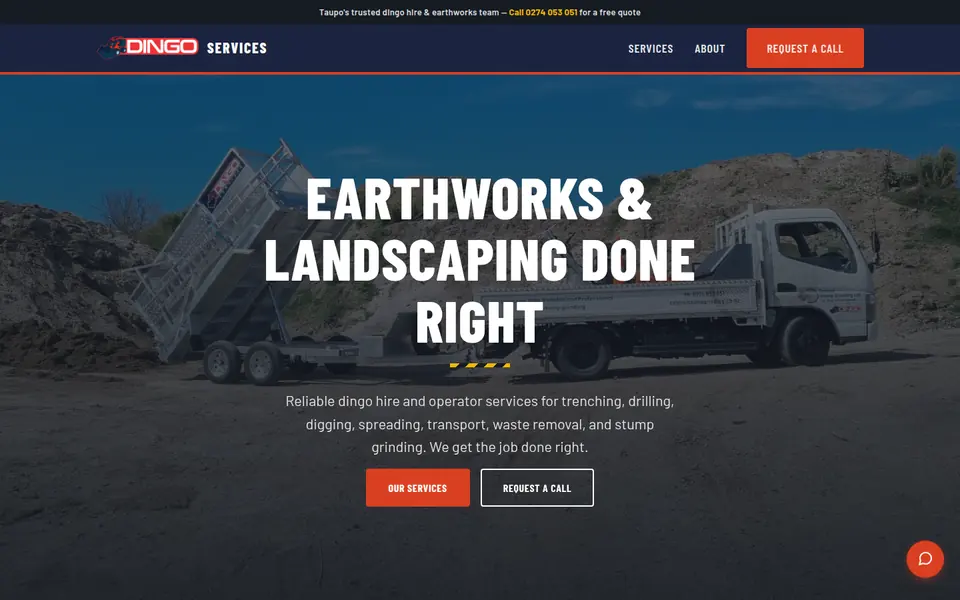 Dingo Services homepage: “Earthworks and landscaping done right” over a tip truck unloading soil.