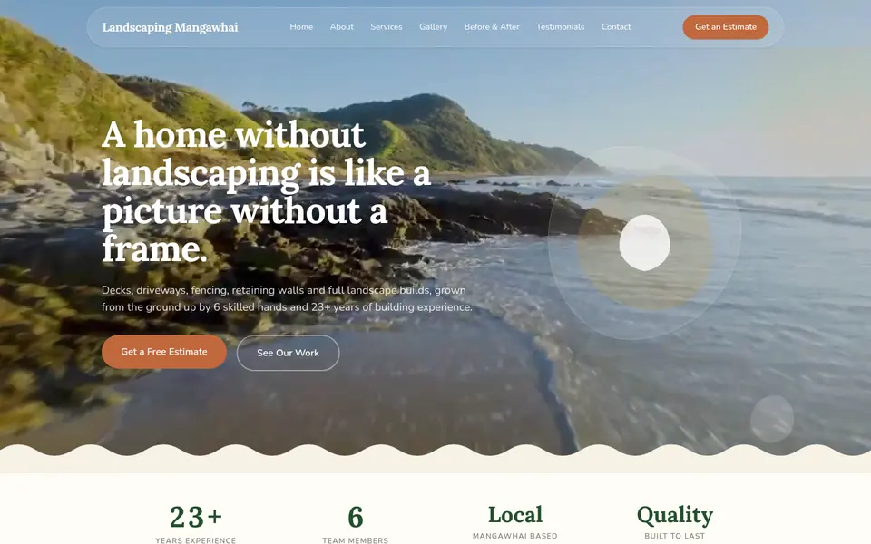 Landscaping Mangawhai homepage over a photo of Mangawhai beach at low tide.