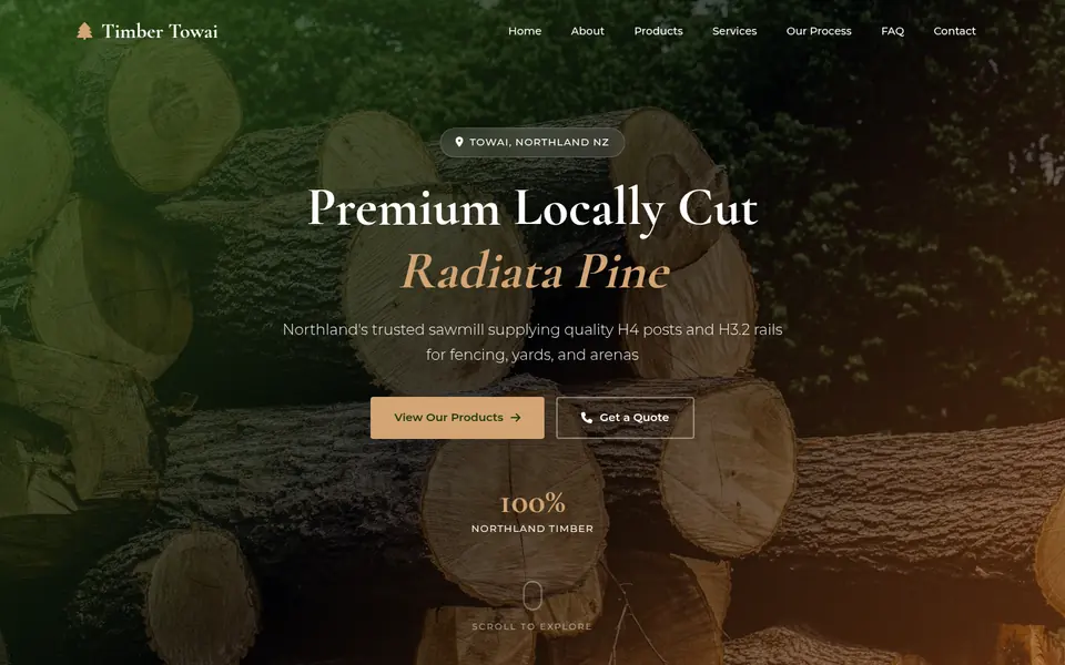 Timber Towai homepage: “Premium locally cut radiata pine” over stacked log ends.
