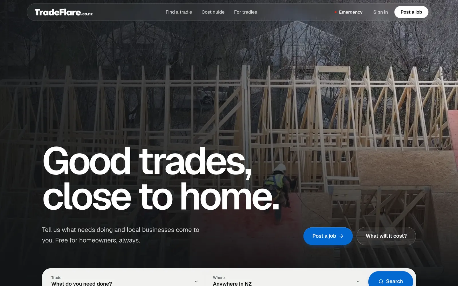 TradeFlare homepage: “Good trades, close to home,” over a photo of timber house framing, with a job search bar.